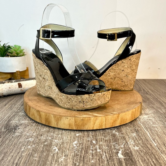 *Jimmy Choo | Papyrus Black Patent Leather Cork Wedge Platform Sandals Size37.5 - Picture 11 of 16